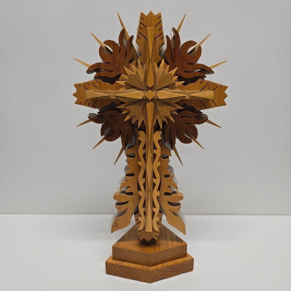 Vintage Wooden Scroll Saw Carved Ornate Crucifix Cross Tabletop Religious Art